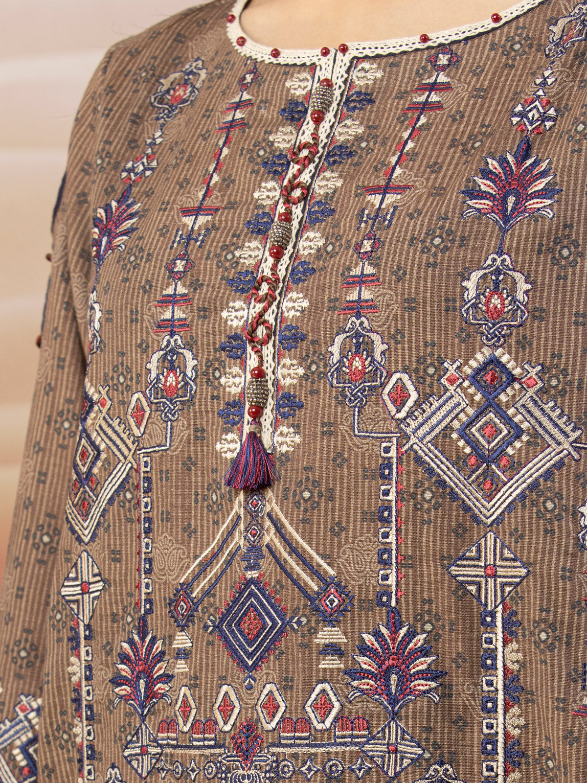 Unstitched Light Brown Embroidered Crepe 3 Piece