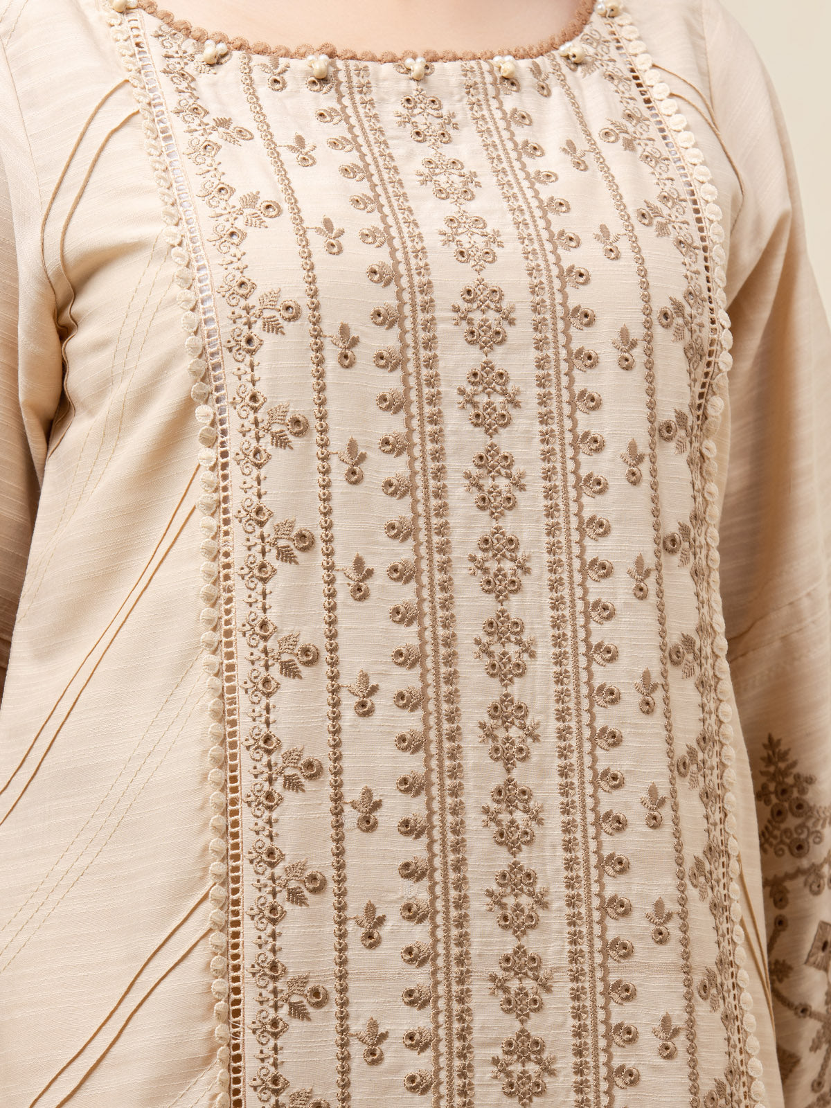 Unstitched Beige Embroidered Chanderi 3 Piece