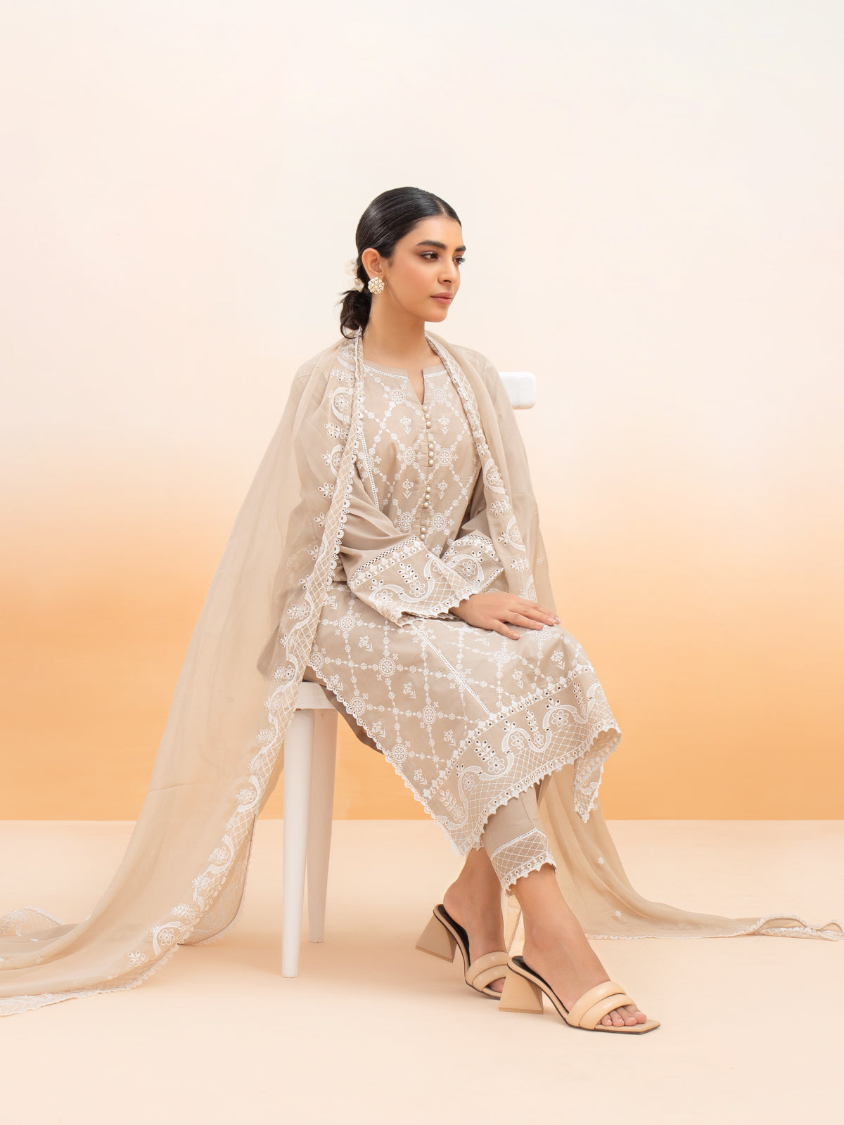 Unstitched Beige Embroidered Cambric 3 Piece