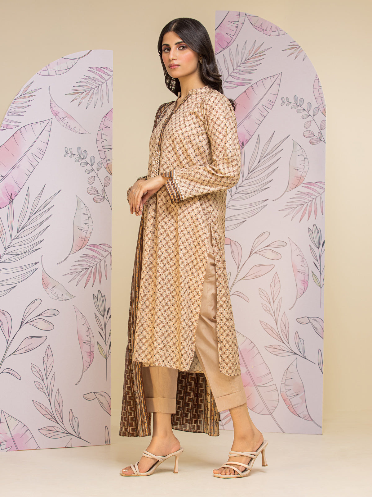 Unstitched Beige Printed Lawn 3 Piece