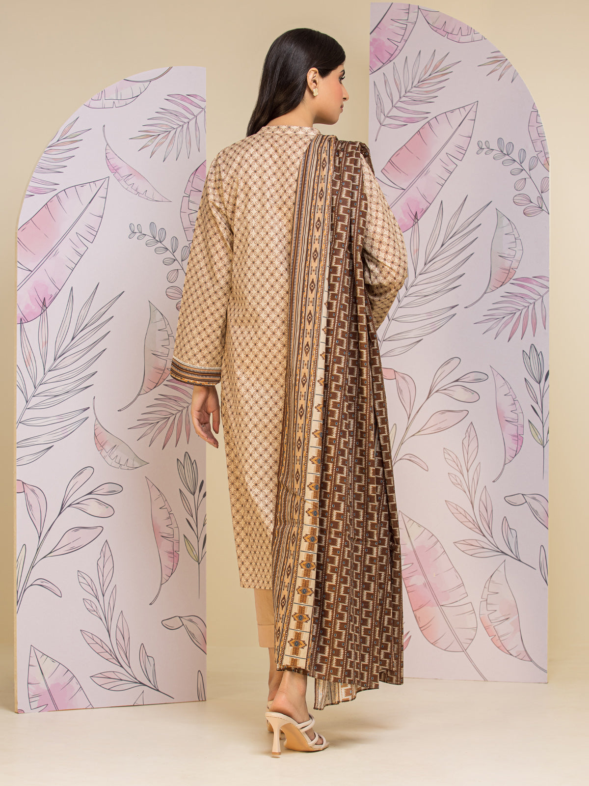 Unstitched Beige Printed Lawn 3 Piece