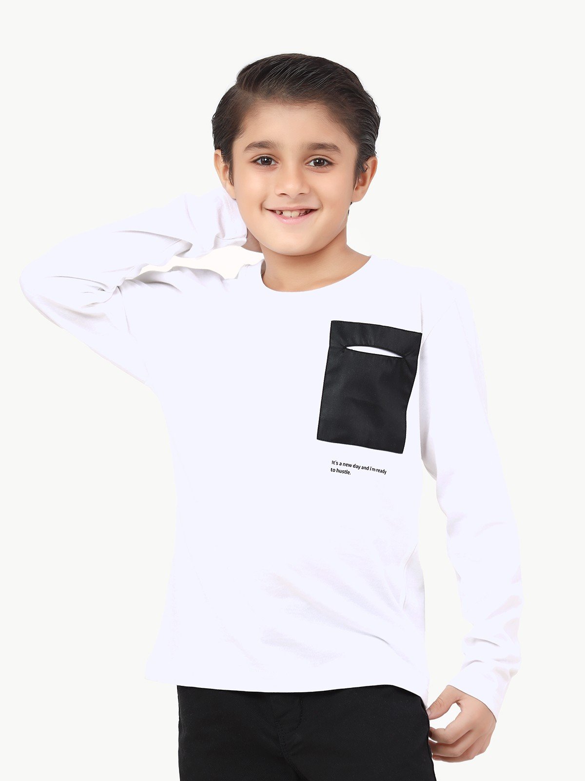 Boy's White Full Sleeve T-Shirt