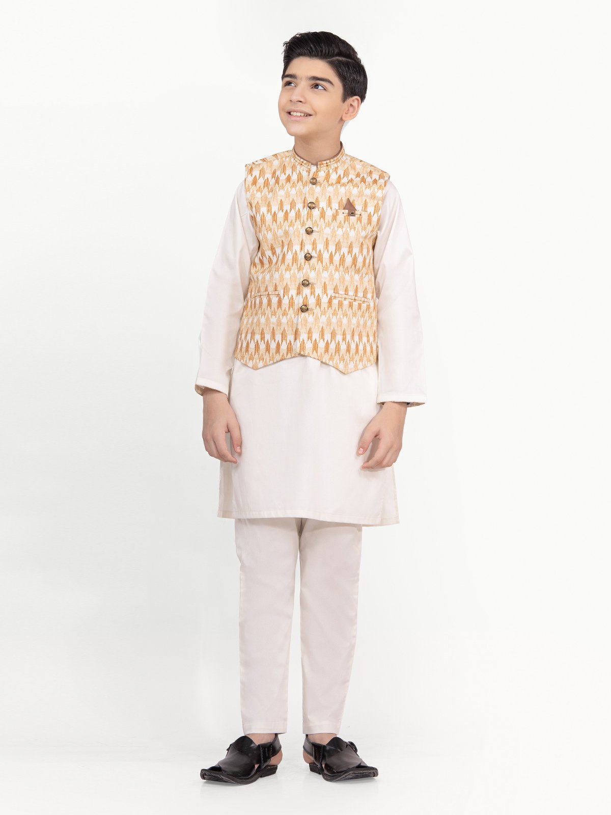 Boy's Beige & Cream Waist Coat Suit