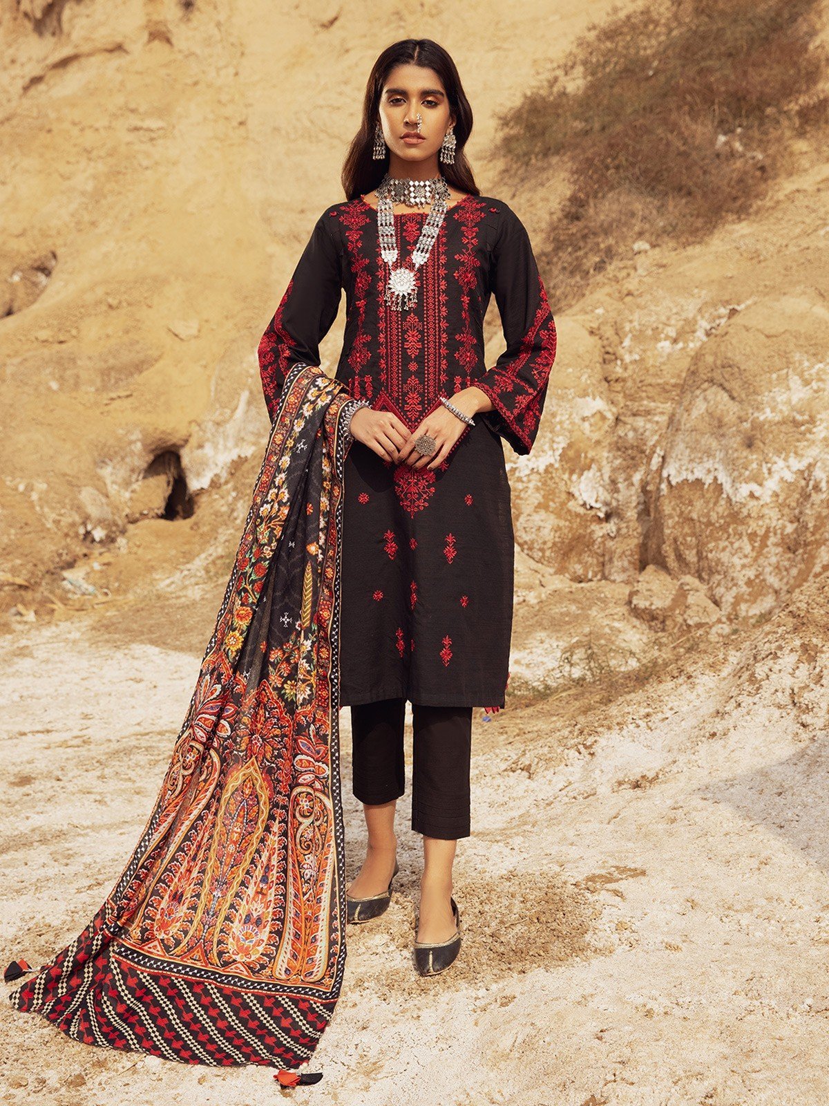 Unstitched Black Embroidered Cotail 3 Piece