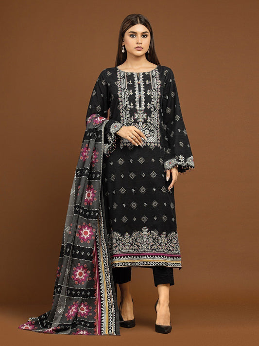 Unstitched Black Embroidered Khaddar 3 Piece