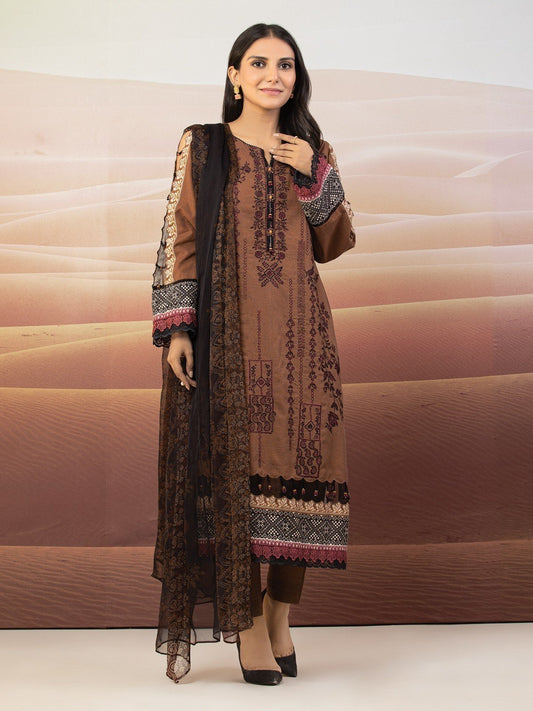 Unstitched Brown Embroidered Khaddar 3 Piece