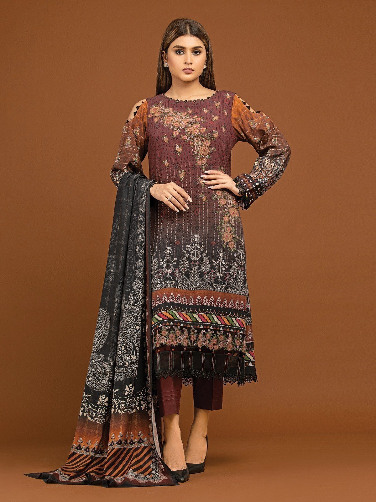 Unstitched Dark Brown Embroidered Viscose 3 Piece