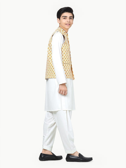 Boy's Multi & Off White Waist Coat Suit