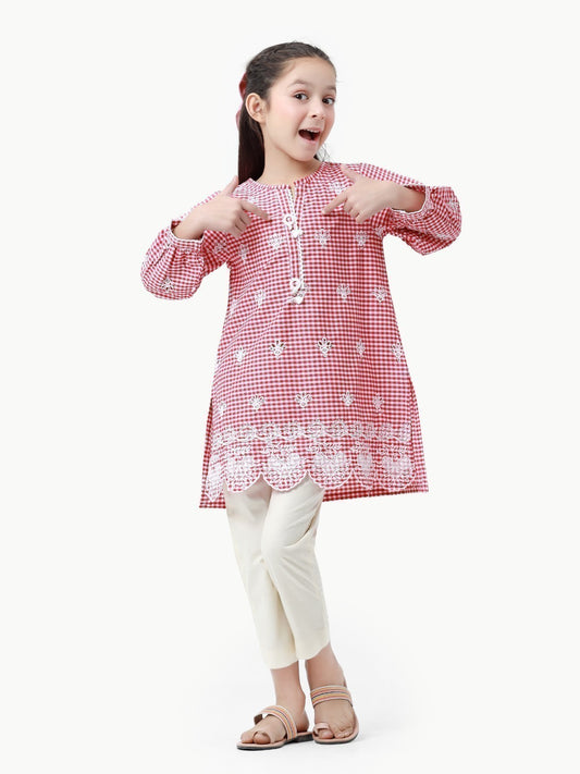 Girl's Red & White Cambric Kurti