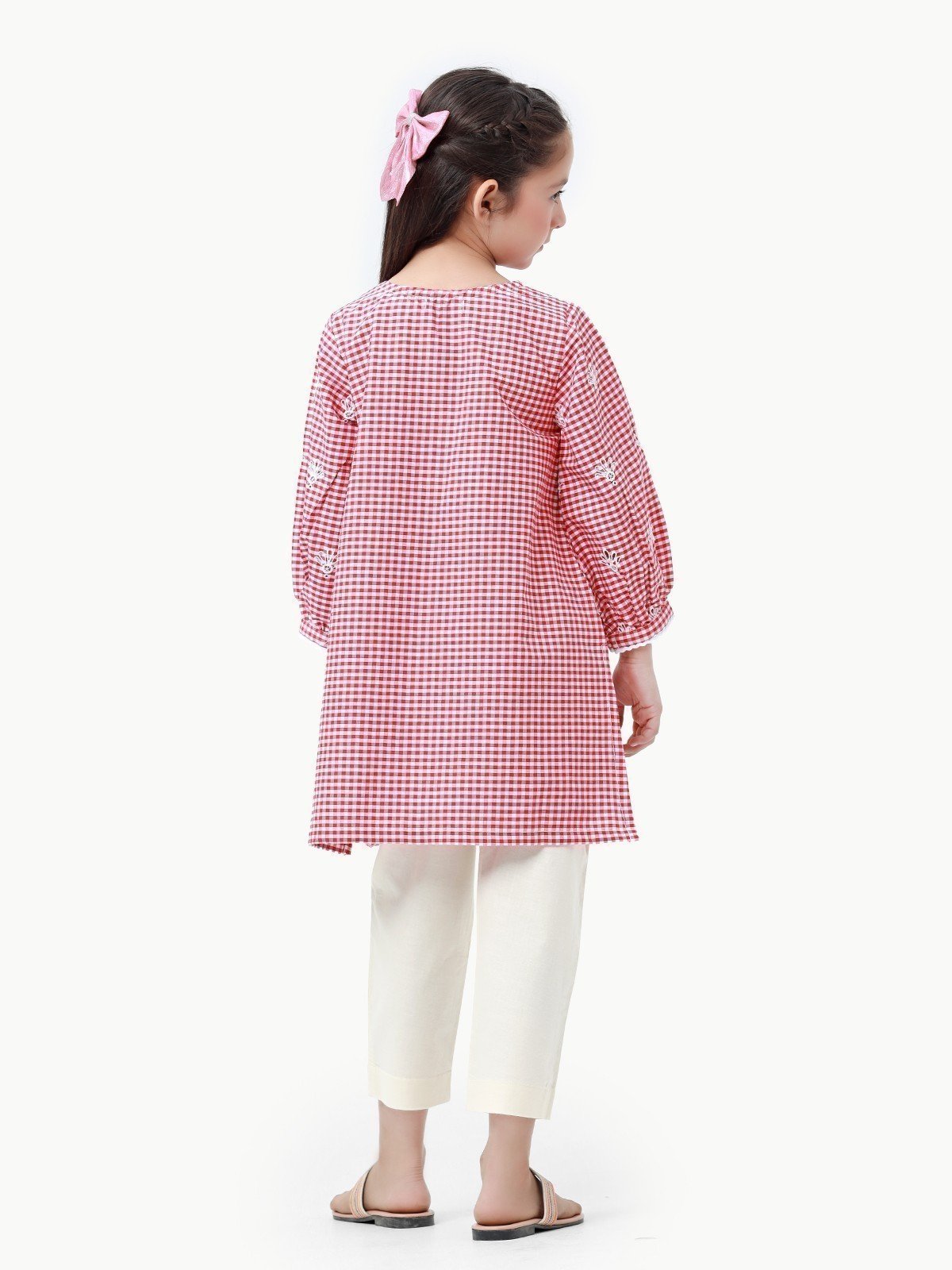 Girl's Red & White Cambric Kurti