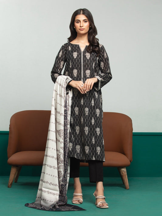 Unstitched Black Printed Khaddar 3 Piece