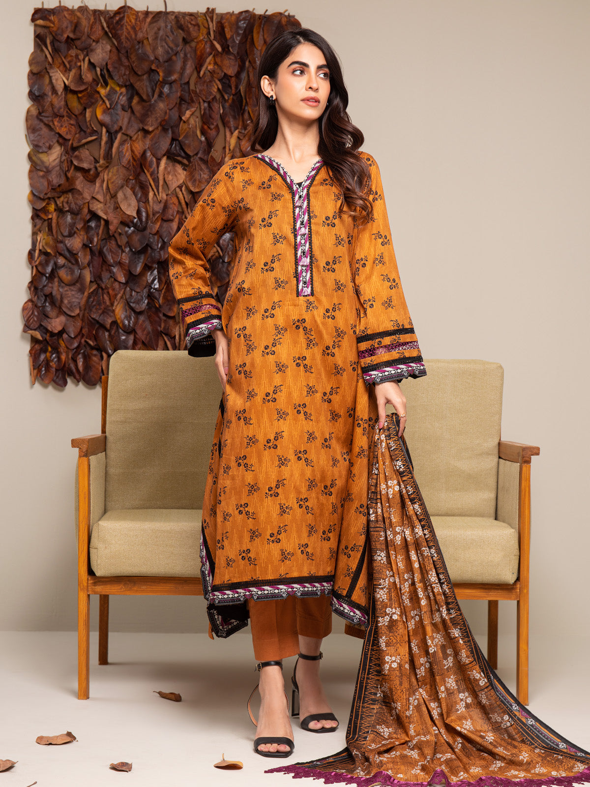 Unstitched Mustard Printed Cambric 3 Piece