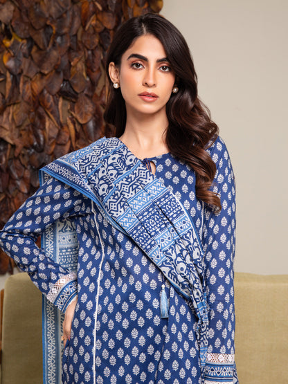 Unstitched Royal Blue Printed Cambric 3 Piece