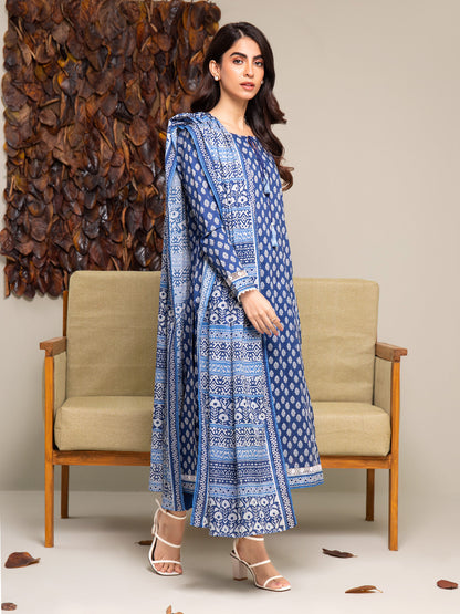 Unstitched Royal Blue Printed Cambric 3 Piece