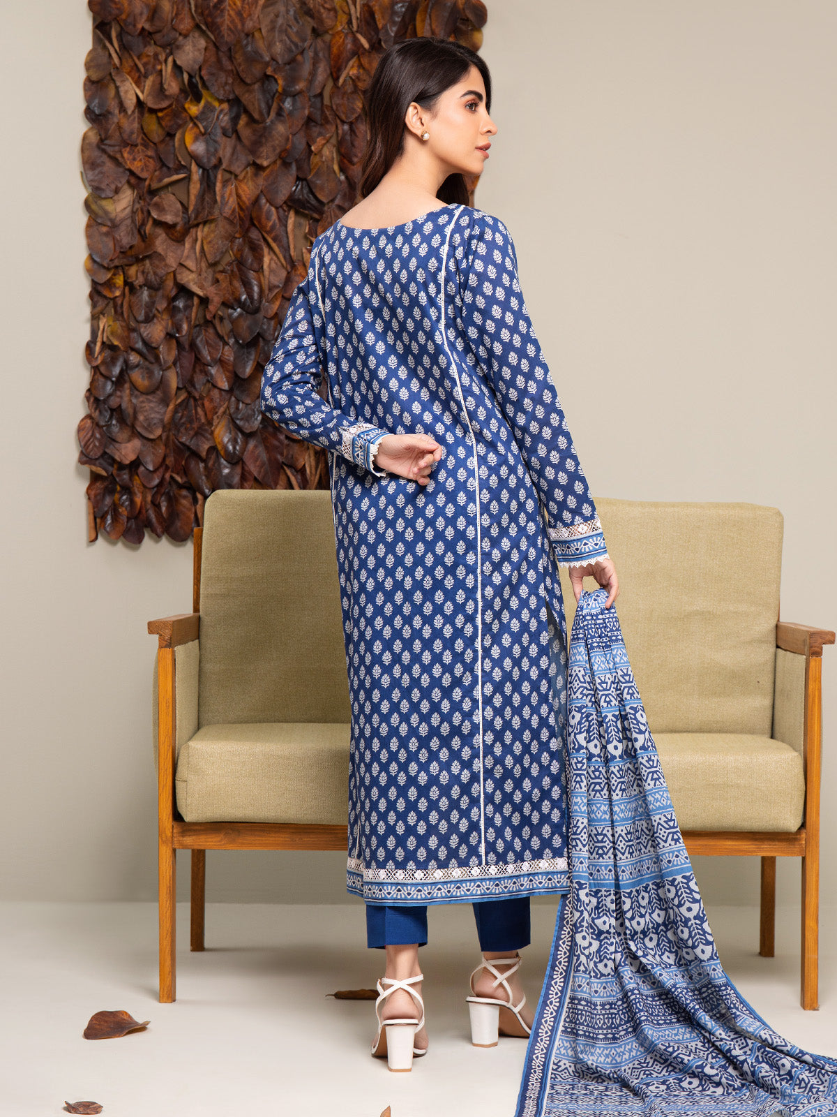 Unstitched Royal Blue Printed Cambric 3 Piece