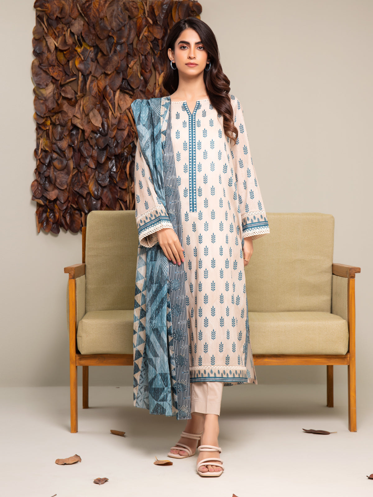 Unstitched Beige Printed Cambric 3 Piece