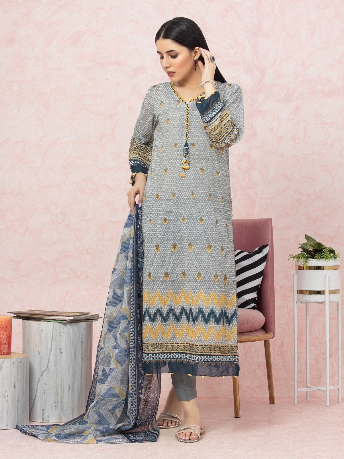 Unstitched Grey Embroidered Lawn 3 Piece