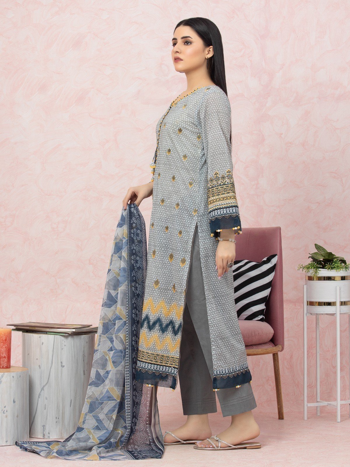 Unstitched Grey Embroidered Lawn 3 Piece