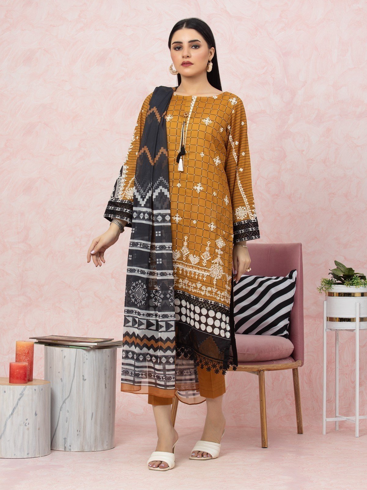 Unstitched Brown Embroidered Lawn 3 Piece