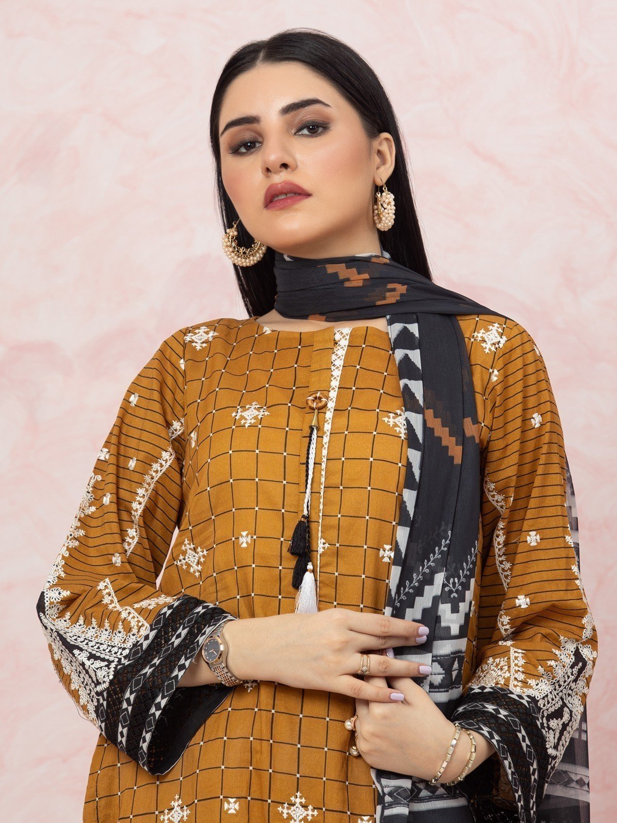 Unstitched Brown Embroidered Lawn 3 Piece