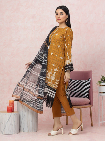 Unstitched Brown Embroidered Lawn 3 Piece