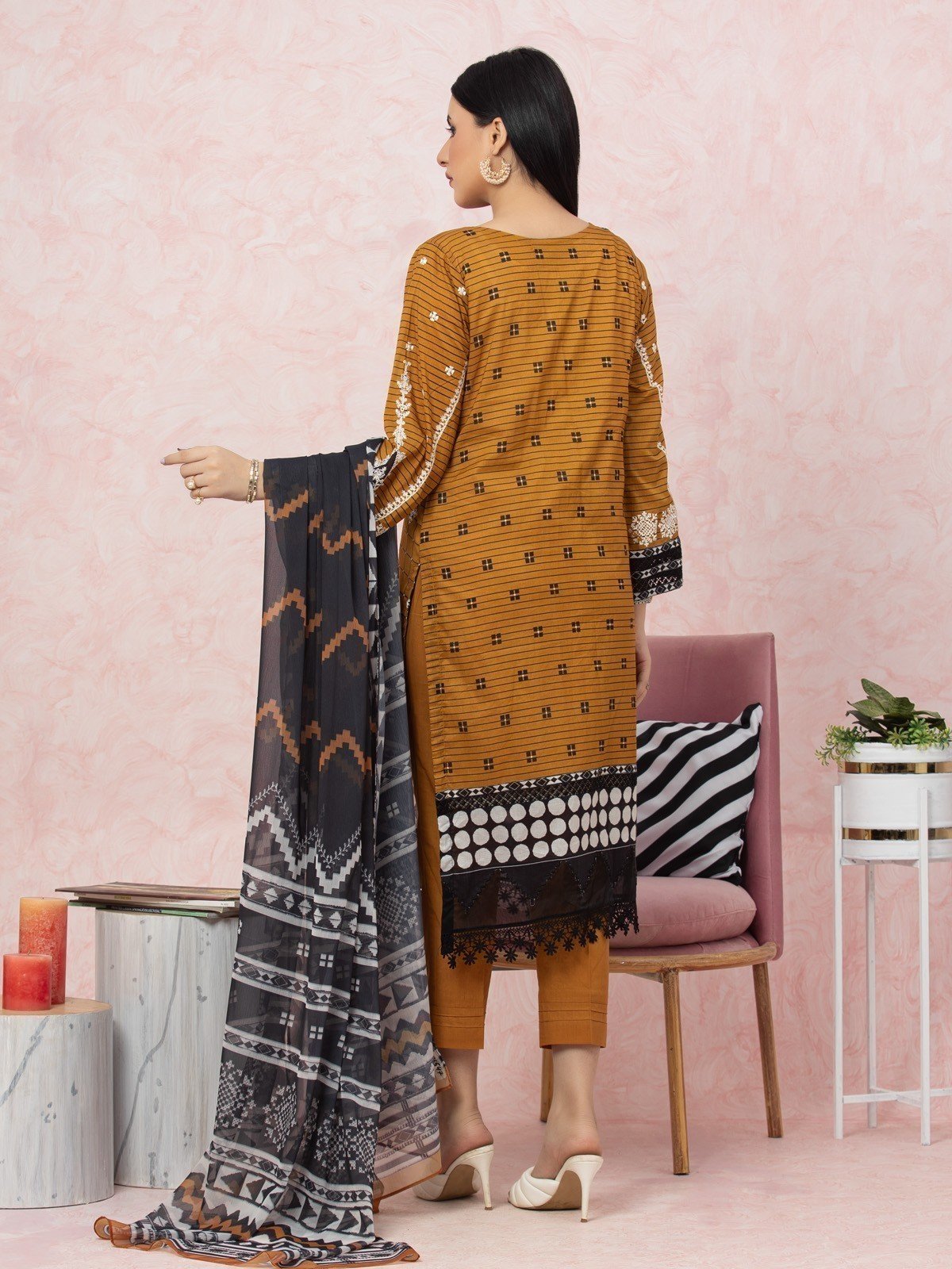 Unstitched Brown Embroidered Lawn 3 Piece