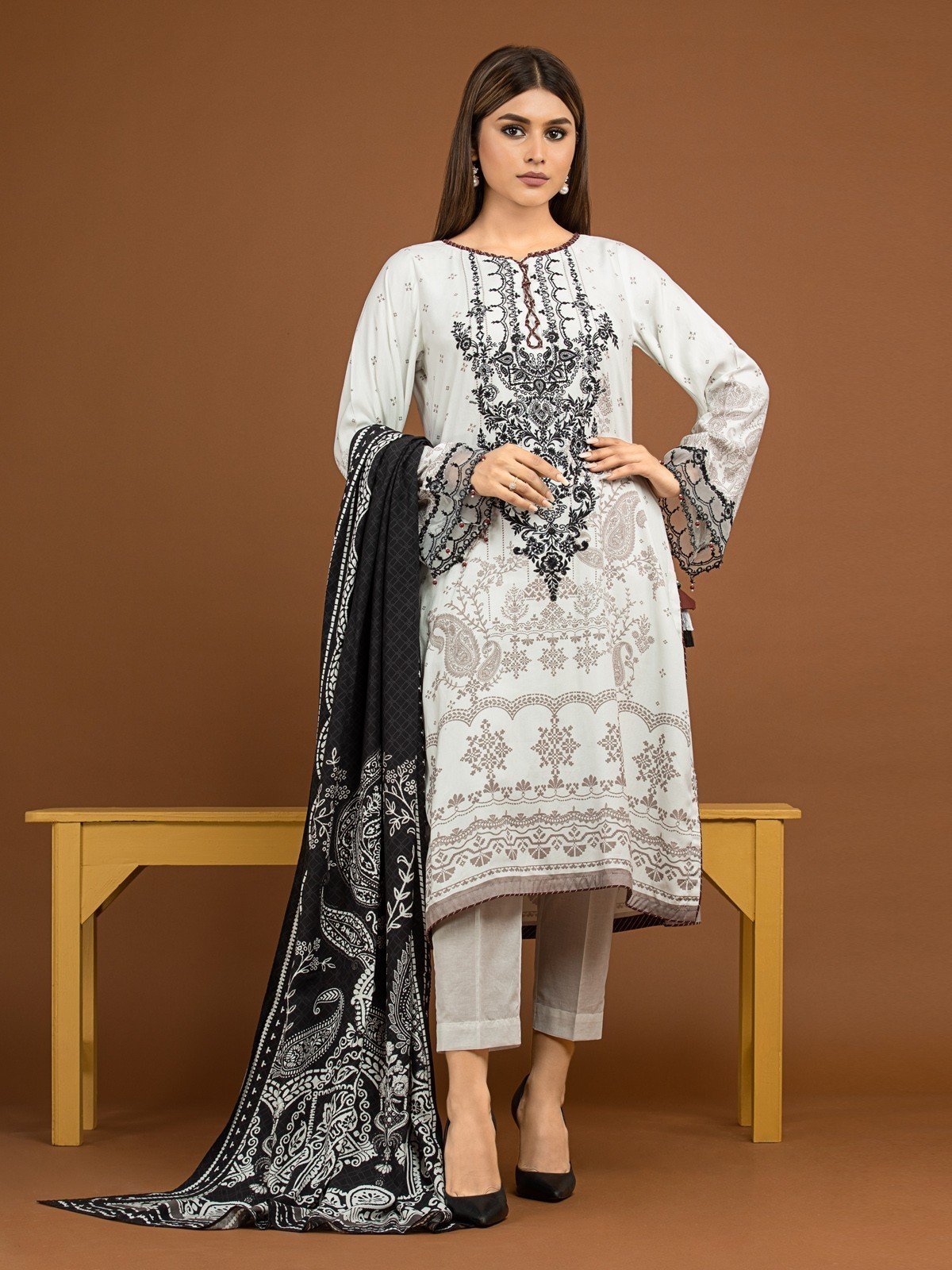 Unstitched White Embroidered Viscose 2 Piece