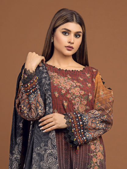 Unstitched Dark Brown Embroidered Viscose 3 Piece