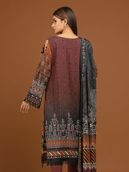 Unstitched Dark Brown Embroidered Viscose 3 Piece