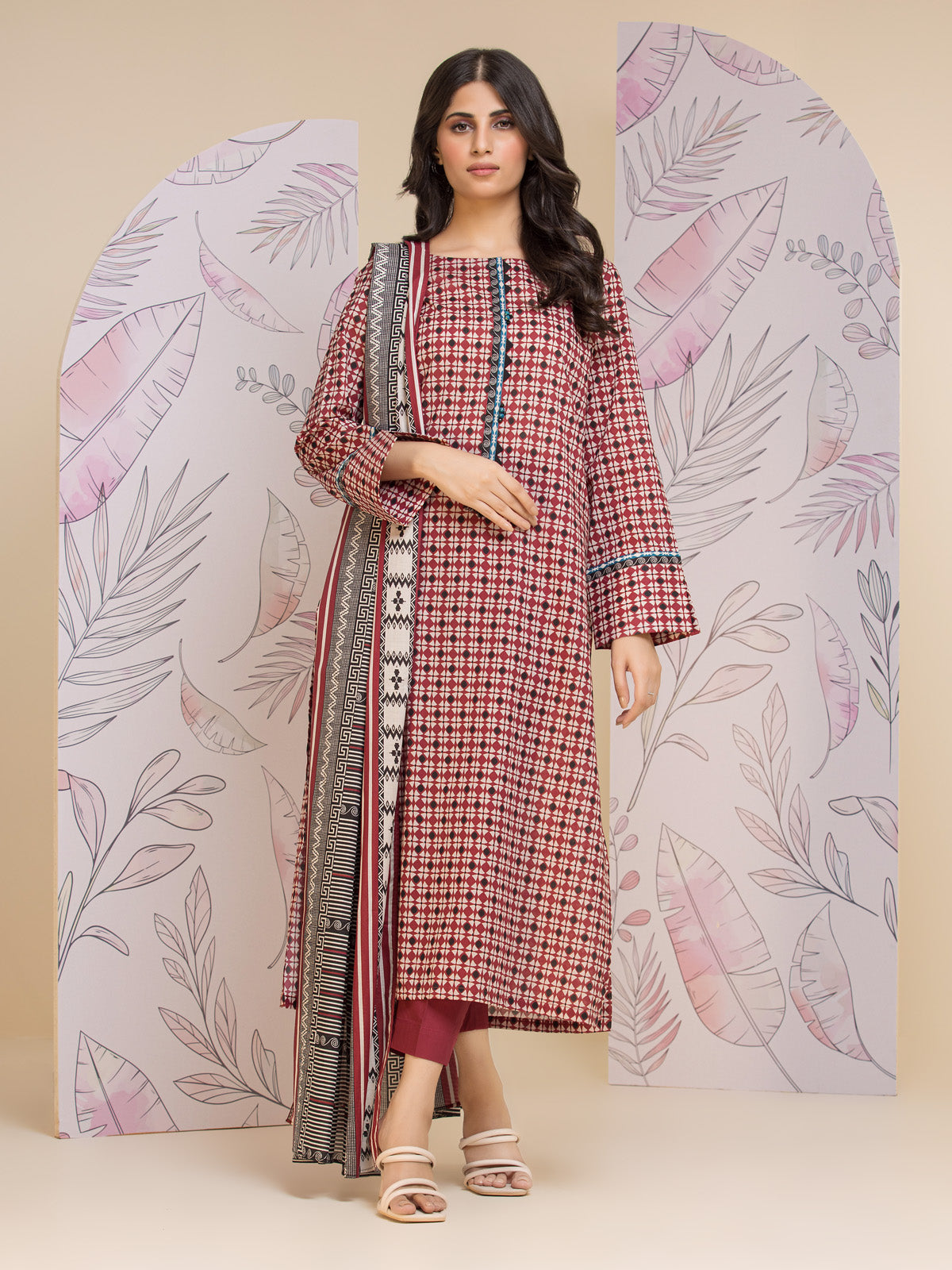 Unstitched Maroon Printed Lawn 3 Piece