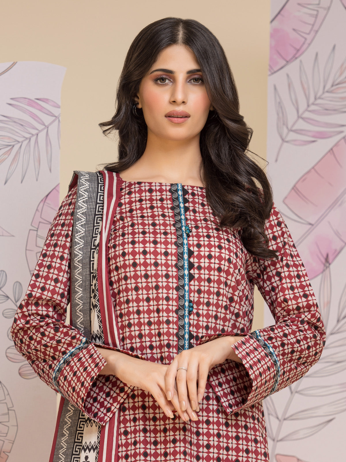 Unstitched Maroon Printed Lawn 3 Piece