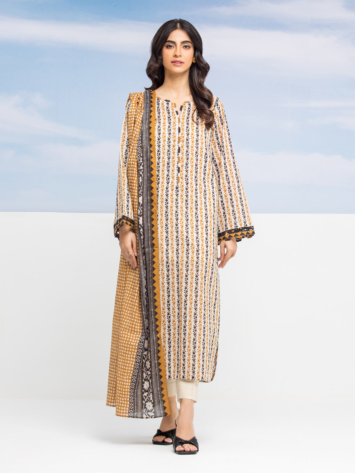 Unstitched Dark Cream Printed Lawn 3 Piece