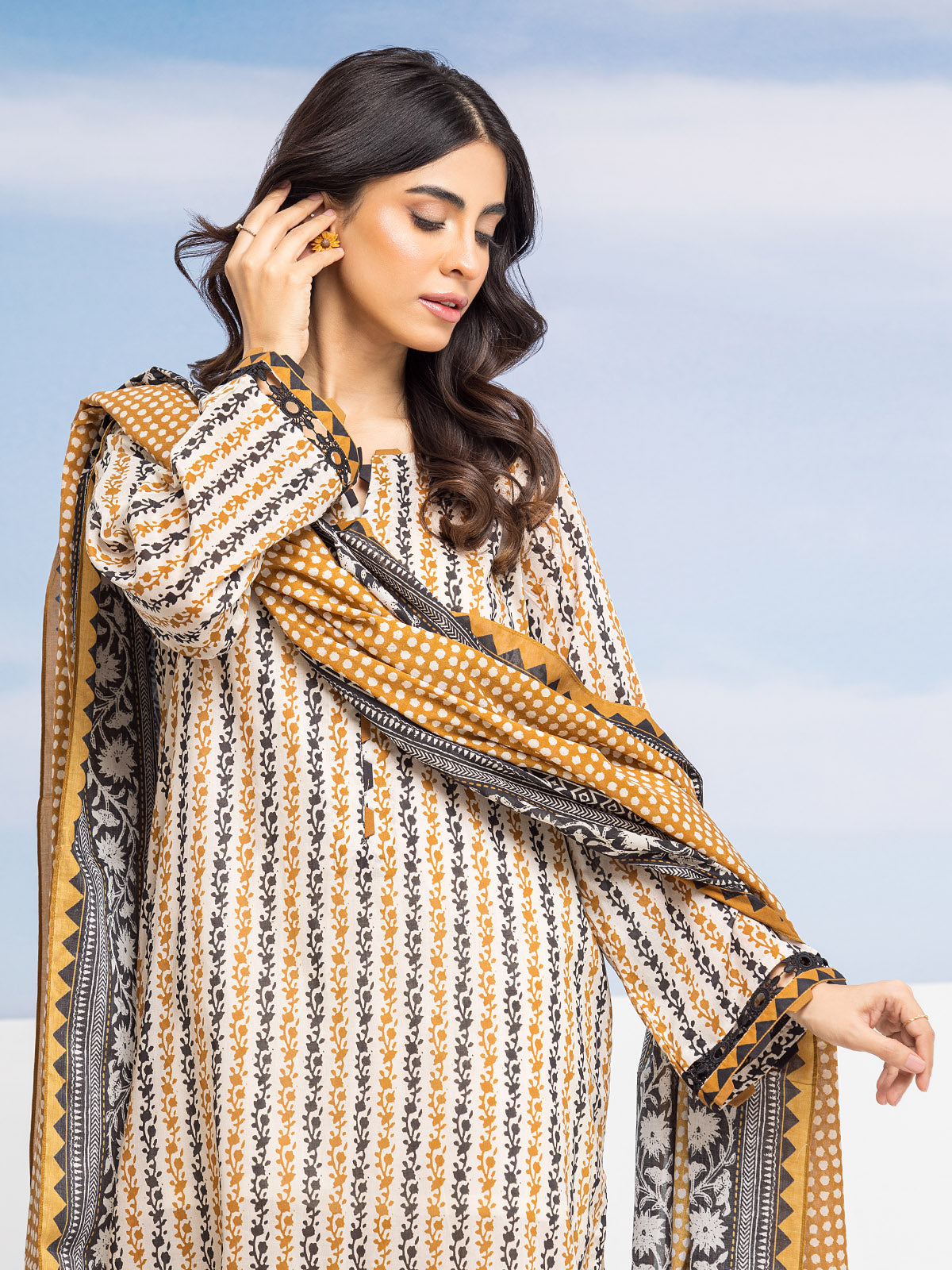 Unstitched Dark Cream Printed Lawn 3 Piece