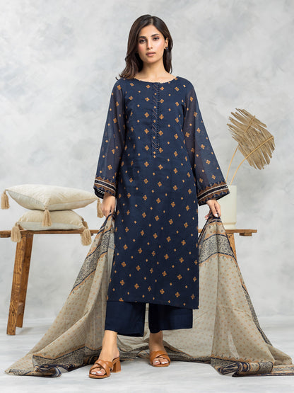 Unstitched Dark Navy Printed Lawn 3 Piece