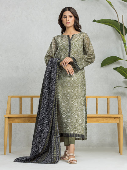 Unstitched Olive Printed Lawn 3 Piece