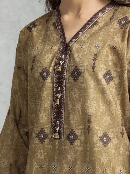 Unstitched Camel Brown Printed Lawn 3 Piece