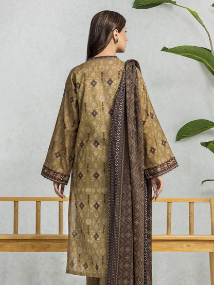 Unstitched Camel Brown Printed Lawn 3 Piece