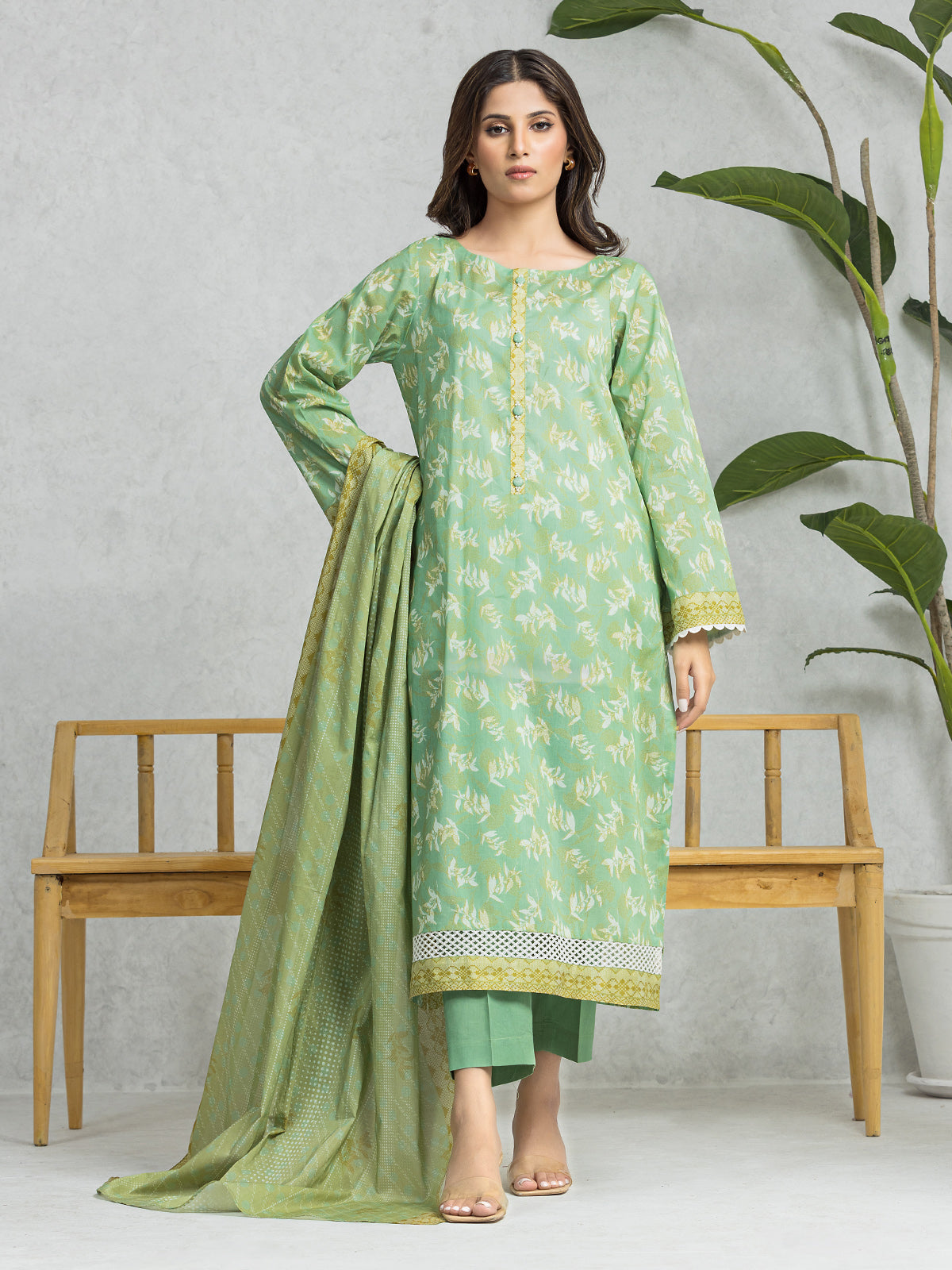 Unstitched Green Printed Lawn 3 Piece