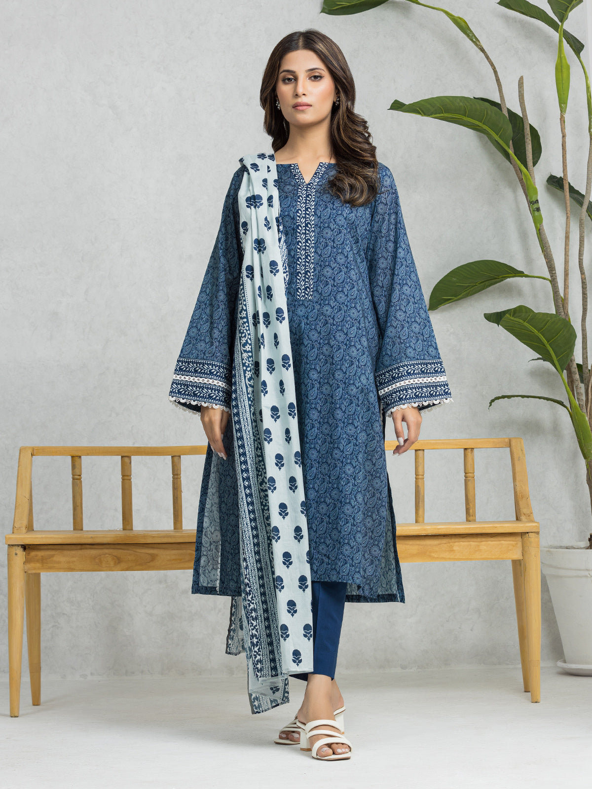 Unstitched Teal Blue Printed Lawn 3 Piece