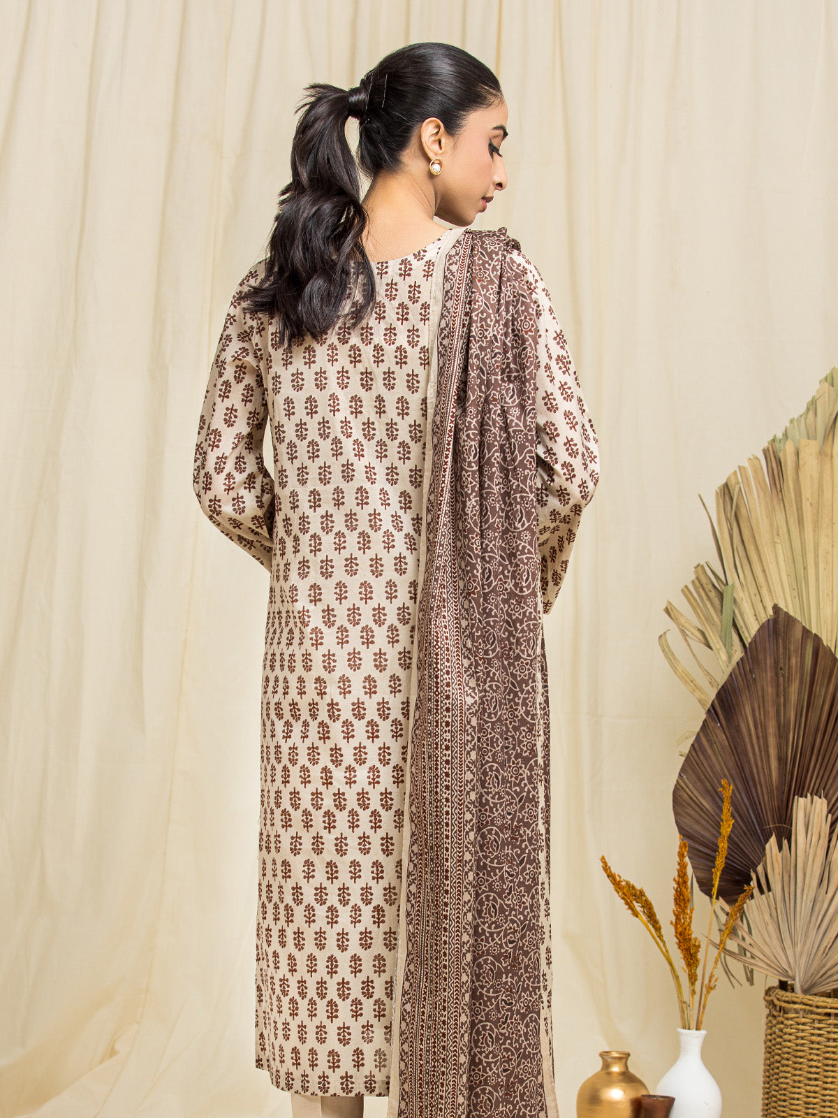 Unstitched Beige Printed Lawn 3 Piece