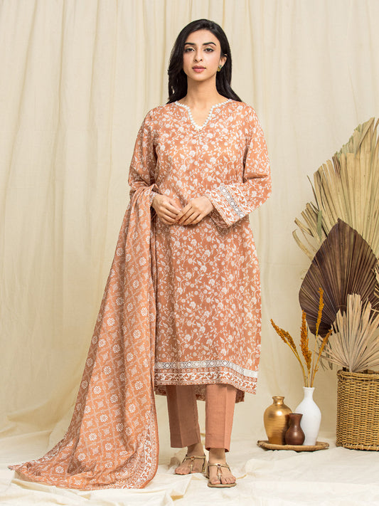 Unstitched Light Rust Printed Lawn 3 Piece