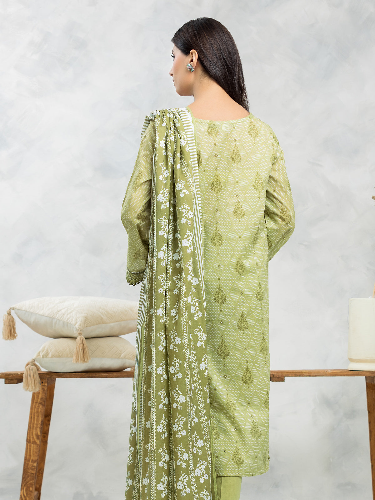 Unstitched Light Olive Printed Lawn 3 Piece