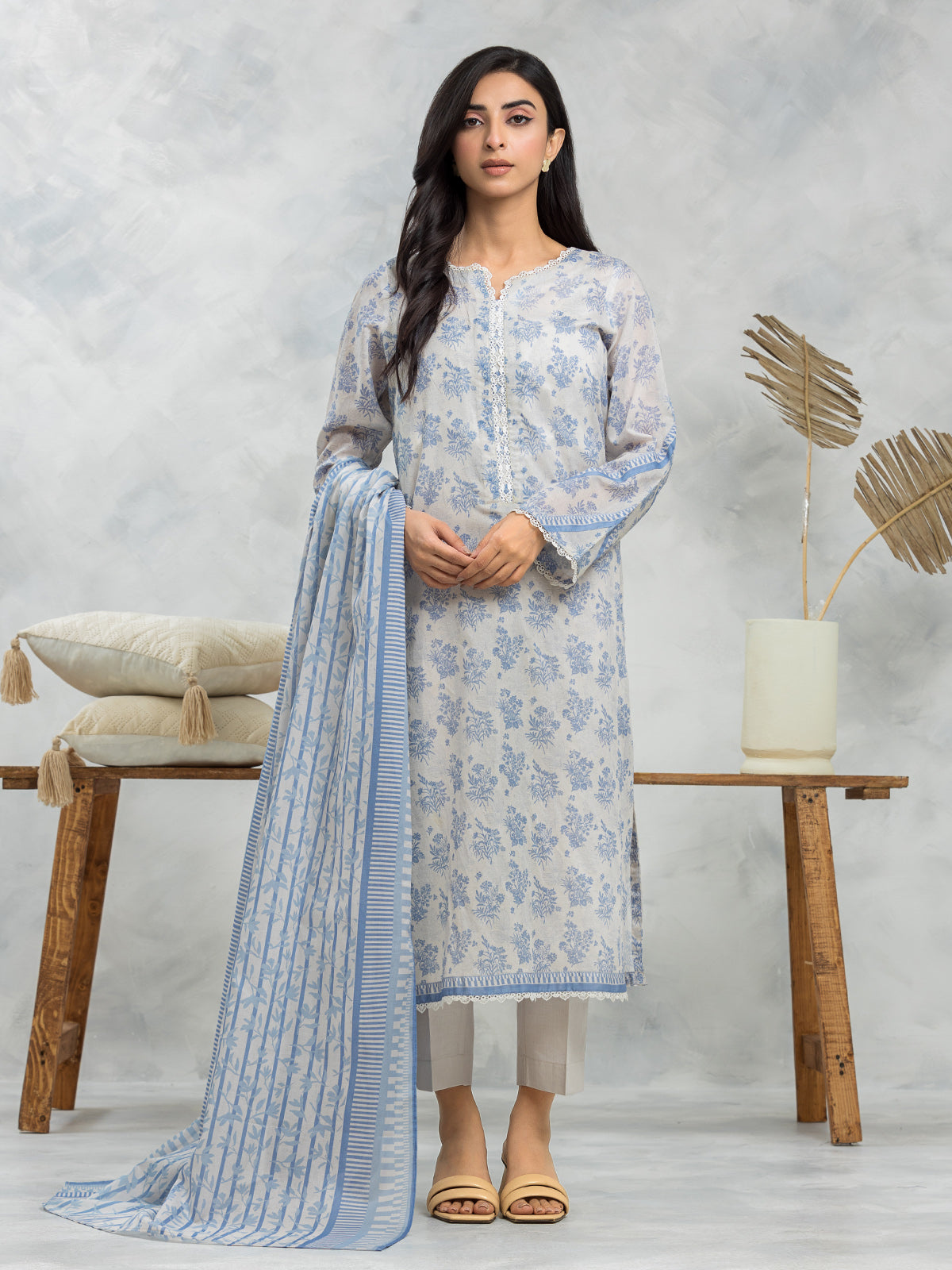 Unstitched Grey & Blue Printed Lawn 3 Piece