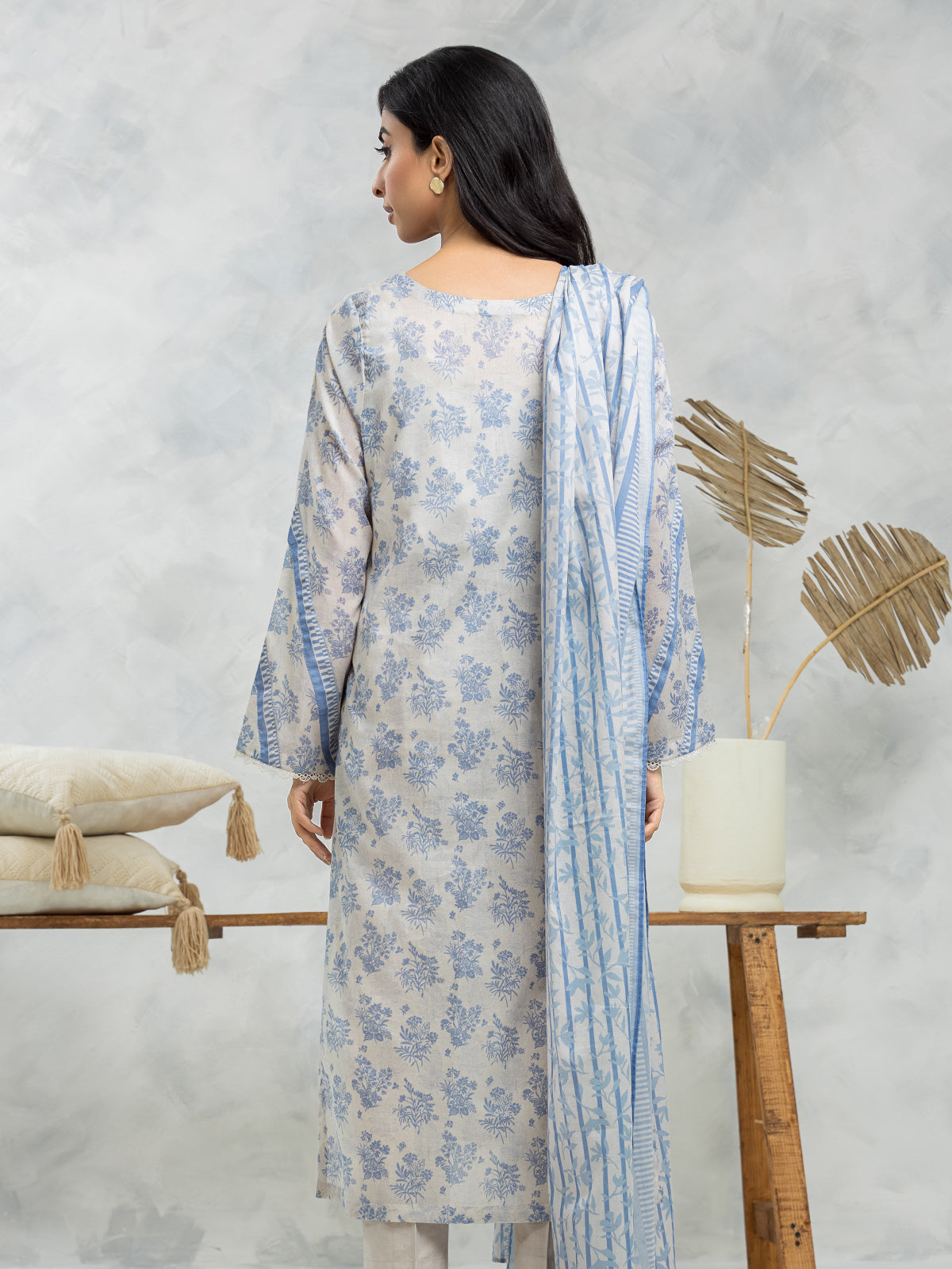 Unstitched Grey & Blue Printed Lawn 3 Piece