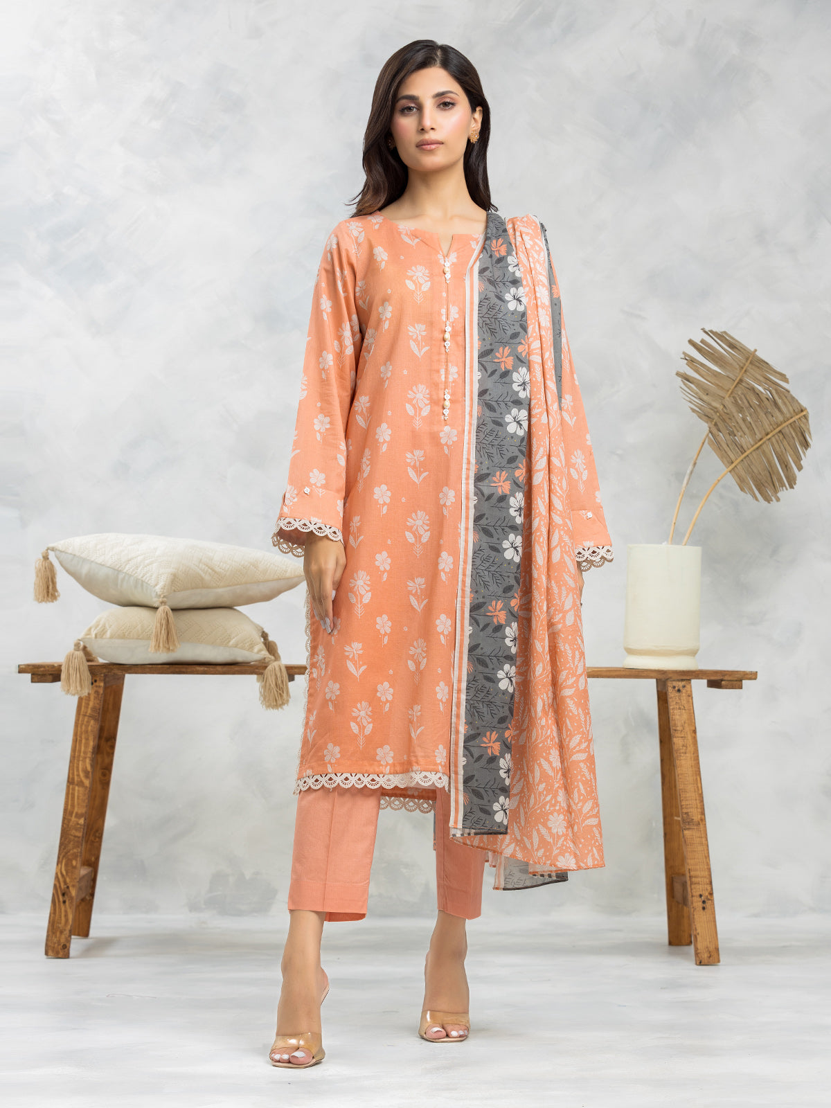 Unstitched Peach Printed Lawn 3 Piece