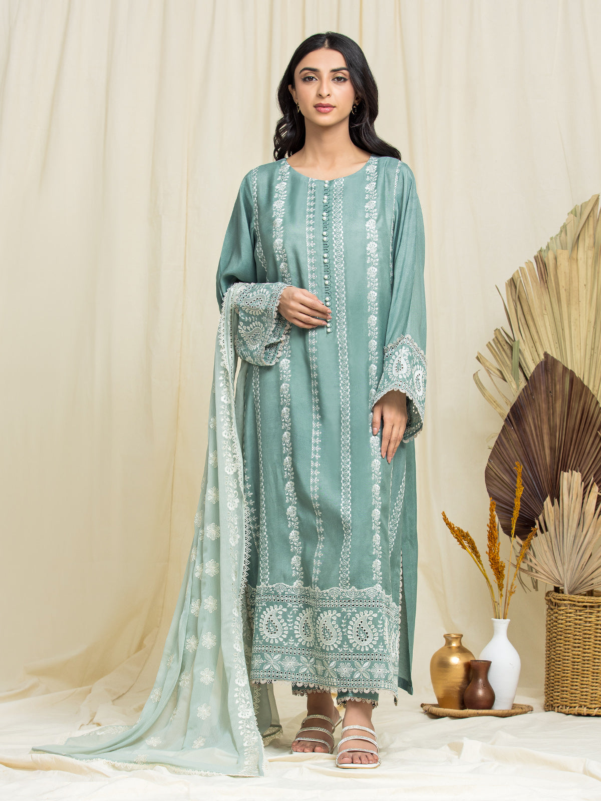 Unstitched Mist Green Embroidered Raw Silk 3 Piece