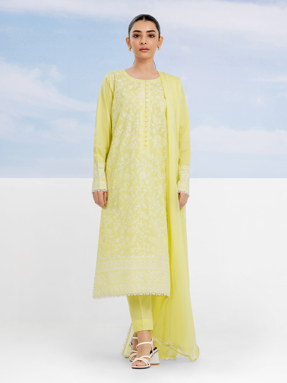 Unstitched Lemon Embroidered Cambric 3 Piece