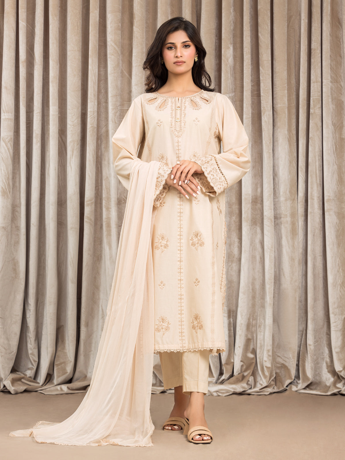 Unstitched Beige Embroidered Cambric 3 Piece