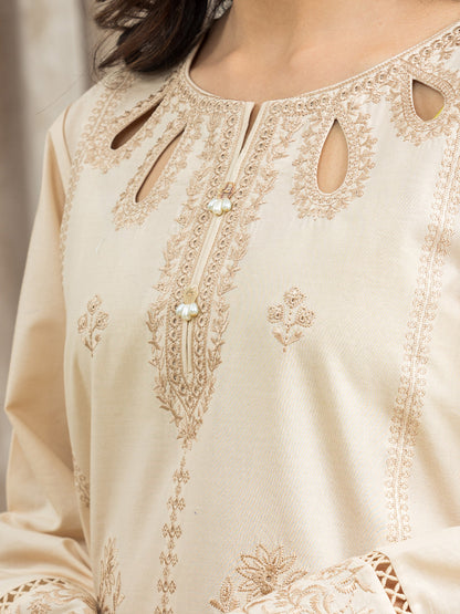 Unstitched Beige Embroidered Cambric 3 Piece