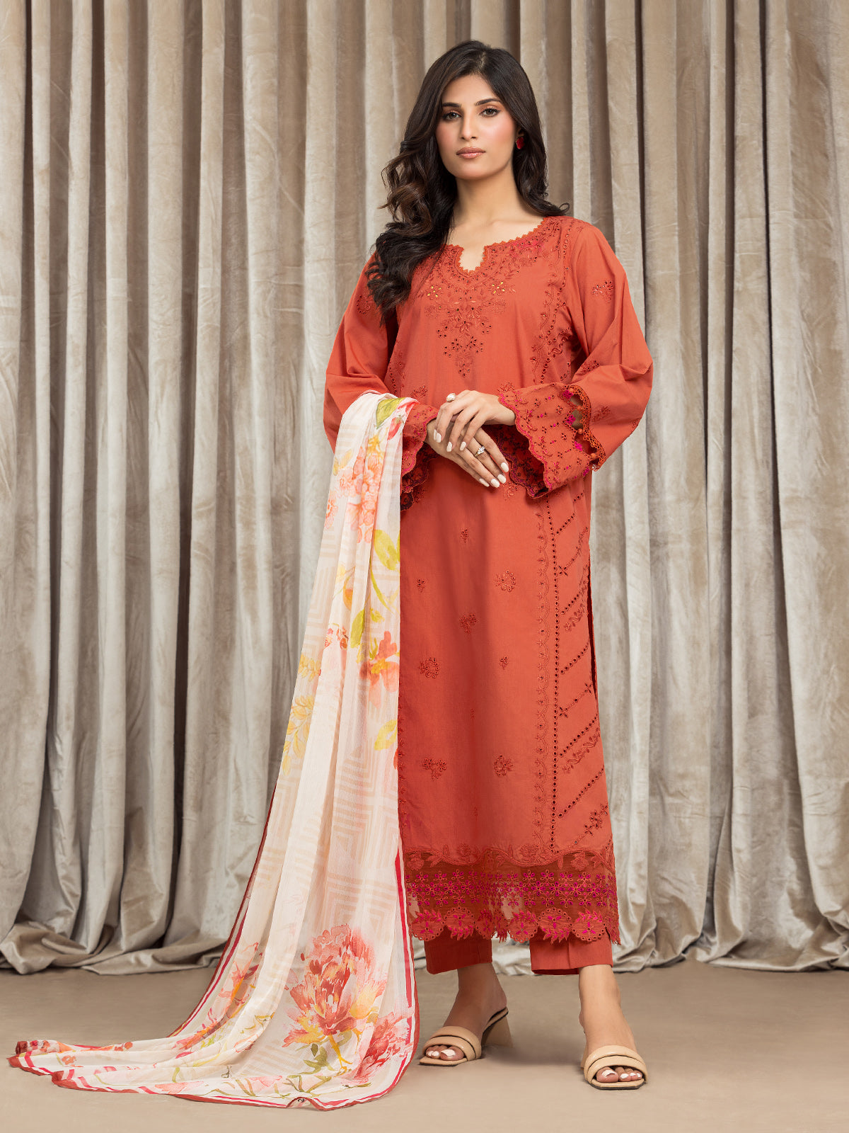 Unstitched Rust Embroidered Cambric 3 Piece